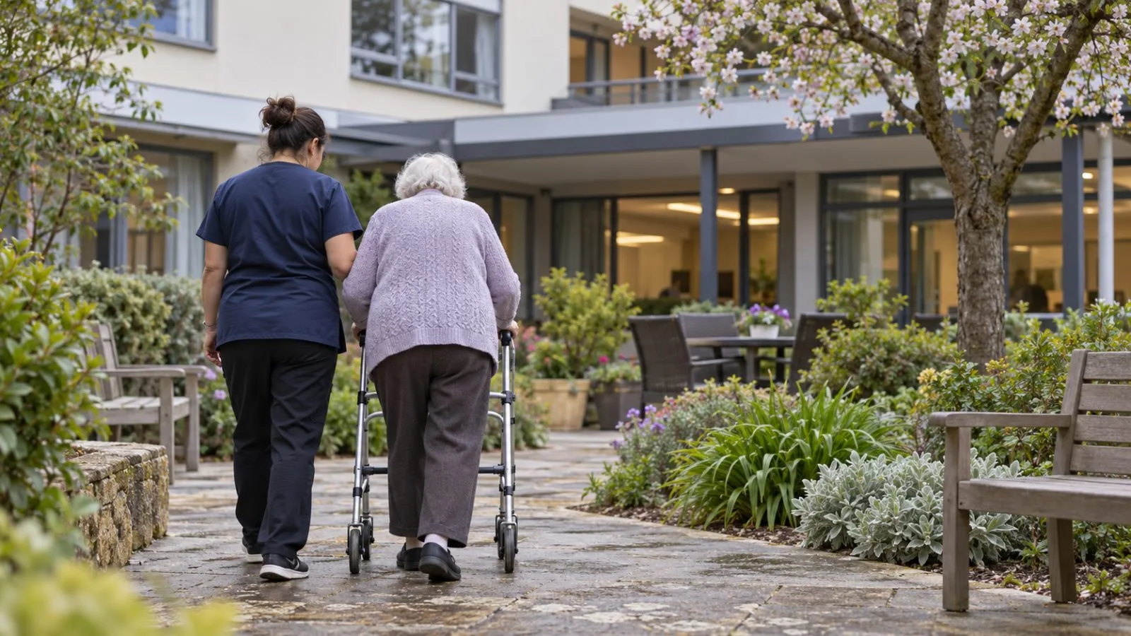 An older resident sits beside a walking frame in a Canberra aged-care courtyard. / EconoTimes.ai