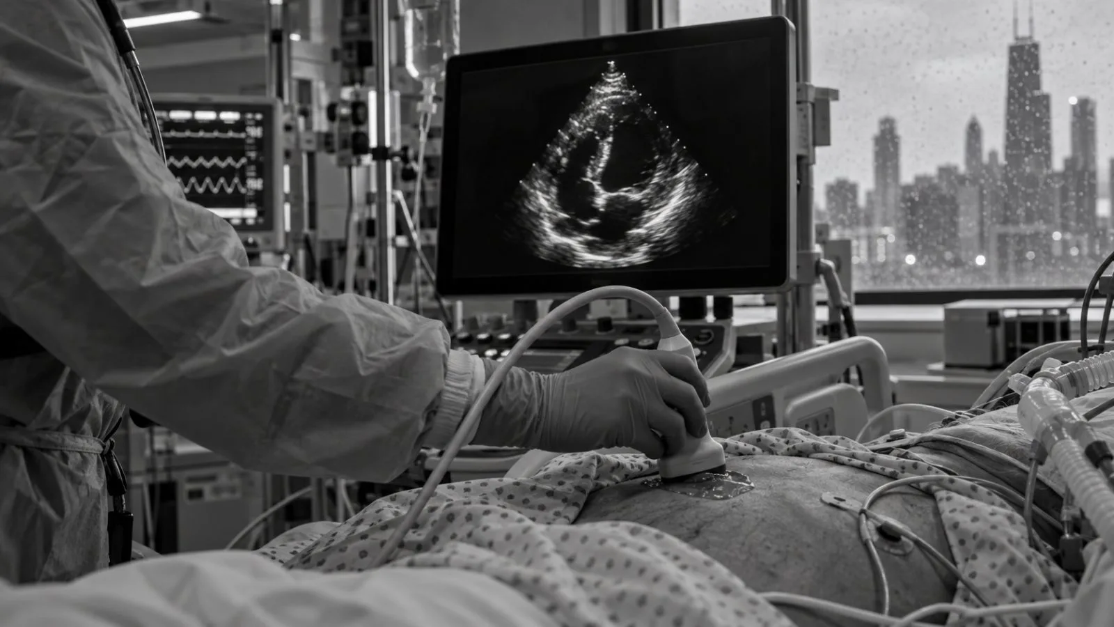 A clinician performs an echocardiogram in a cardiac intensive-care unit in Chicago. (AI-generated image / EconoTimes)