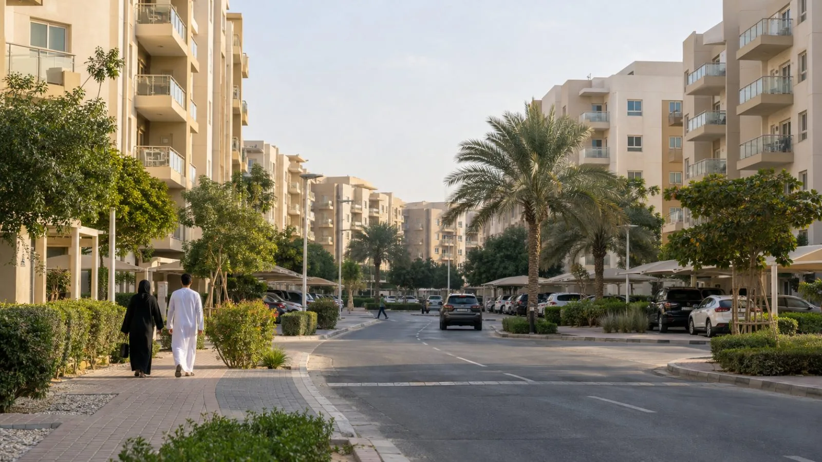 Apartment blocks line a residential street in Al Reef, Abu Dhabi, United Arab Emirates. (AI-generated image / EconoTimes)