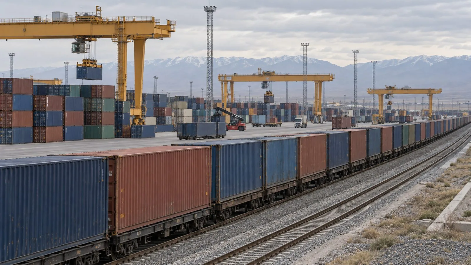 Container wagons wait on a rail siding at the Khorgos Gateway dry port in Kazakhstan (AI-generated image / EconoTimes)