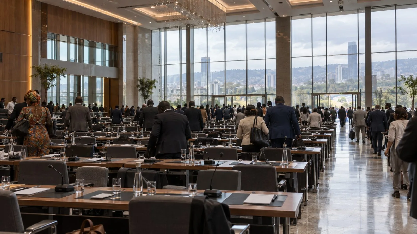 Delegates leave a conference hall lined with empty seats in Addis Ababa, Ethiopia. (AI-generated image / EconoTimes)