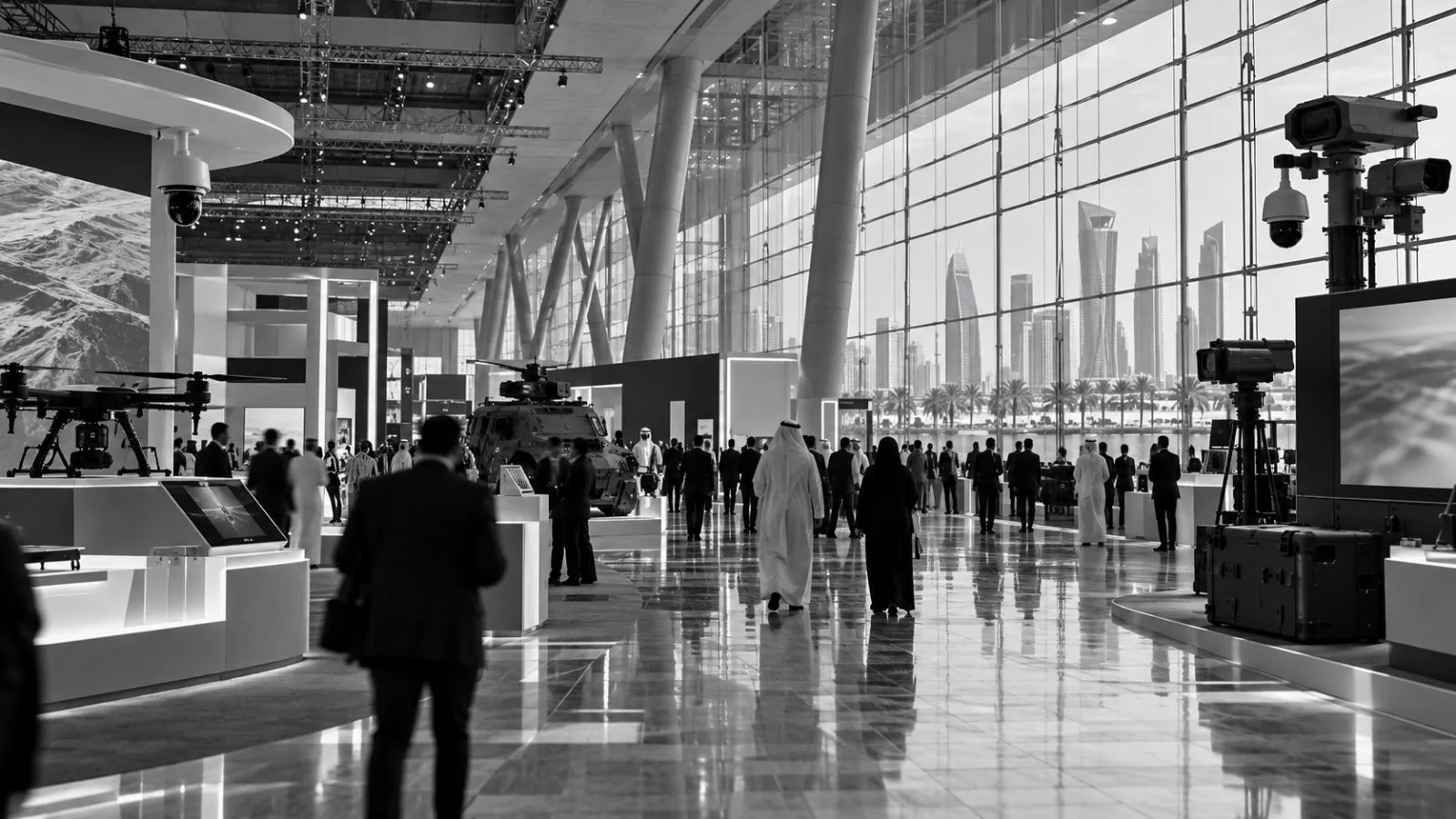 Visitors examine security technology displays inside Doha Exhibition and Convention Center, Qatar. (AI-generated image / EconoTimes)