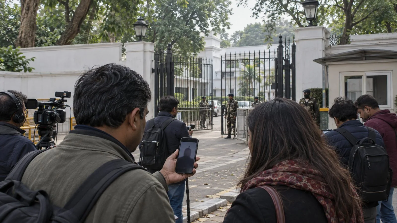 Journalists gather outside the Indian National Congress headquarters on Akbar Road in New Delhi. (AI-generated image / EconoTimes)