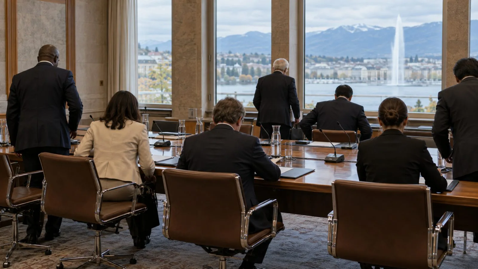 Delegates take their seats around a conference table in Geneva, Switzerland. (AI-generated image / EconoTimes)