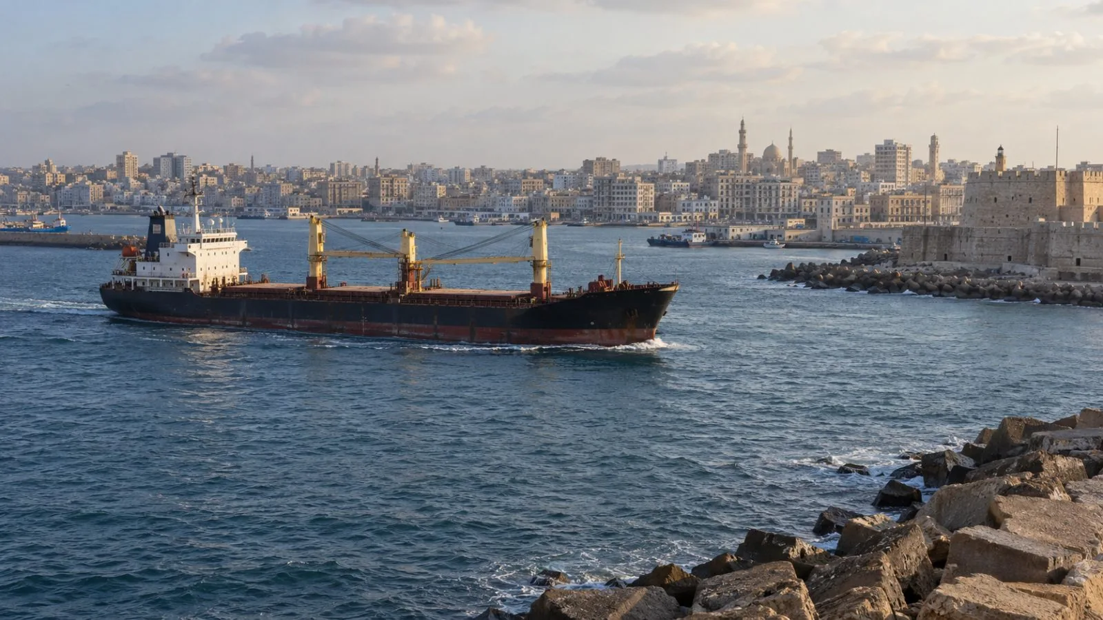 A merchant vessel passes the Eastern Harbor along Alexandria’s Mediterranean coast (AI-generated image / EconoTimes)
