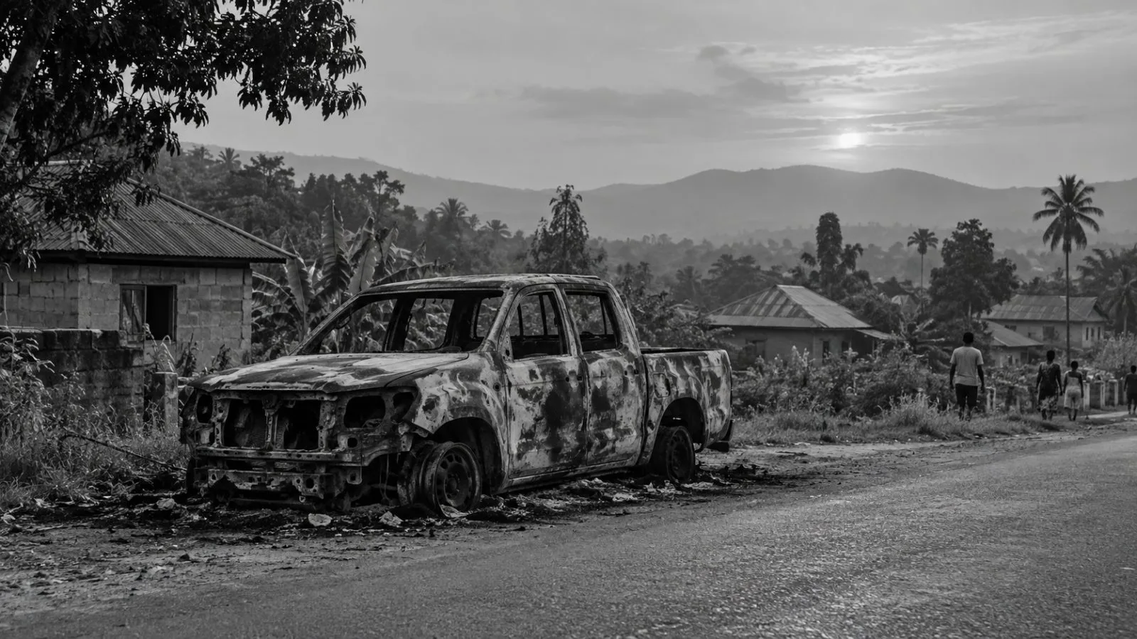 A burned vehicle stands beside a road in Amaezekwe, Ebonyi State, Nigeria (AI-generated image / EconoTimes)