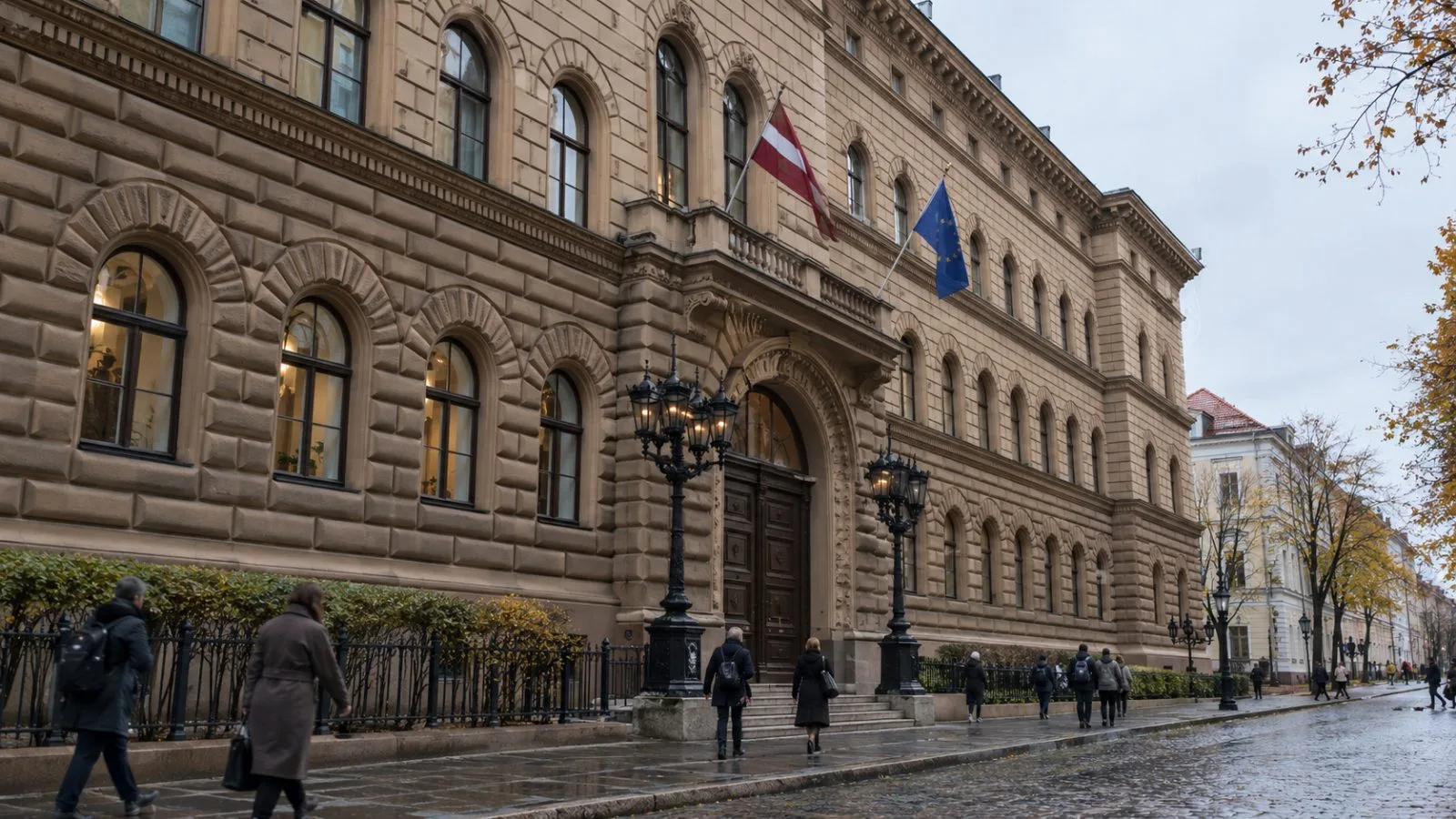 Pedestrians pass the Saeima parliament building in Riga, Latvia, on an overcast afternoon. (AI-generated image / EconoTimes)