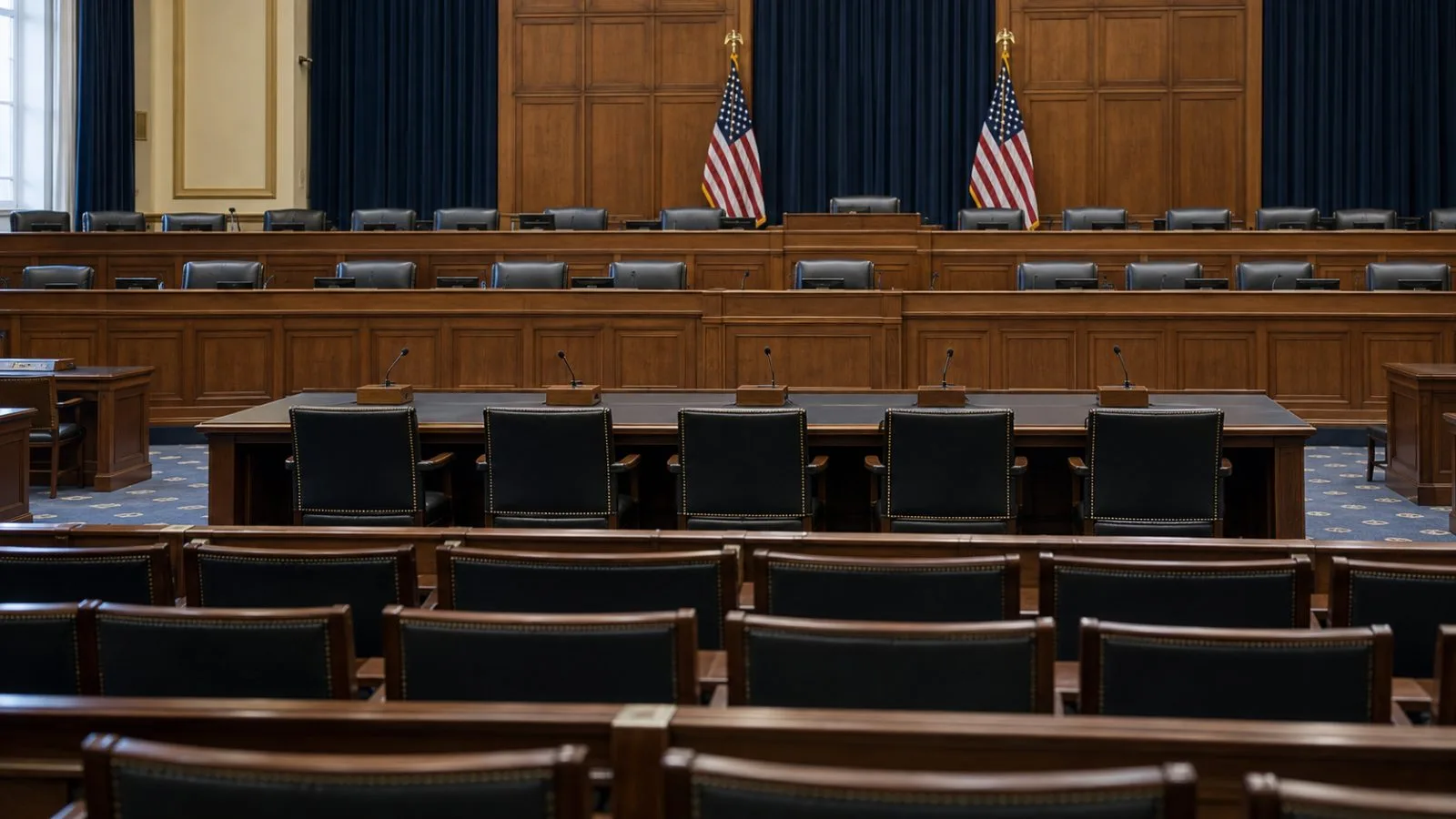 The House Oversight hearing room sits empty in the Rayburn House Office Building in Washington. (AI-generated image / EconoTimes)