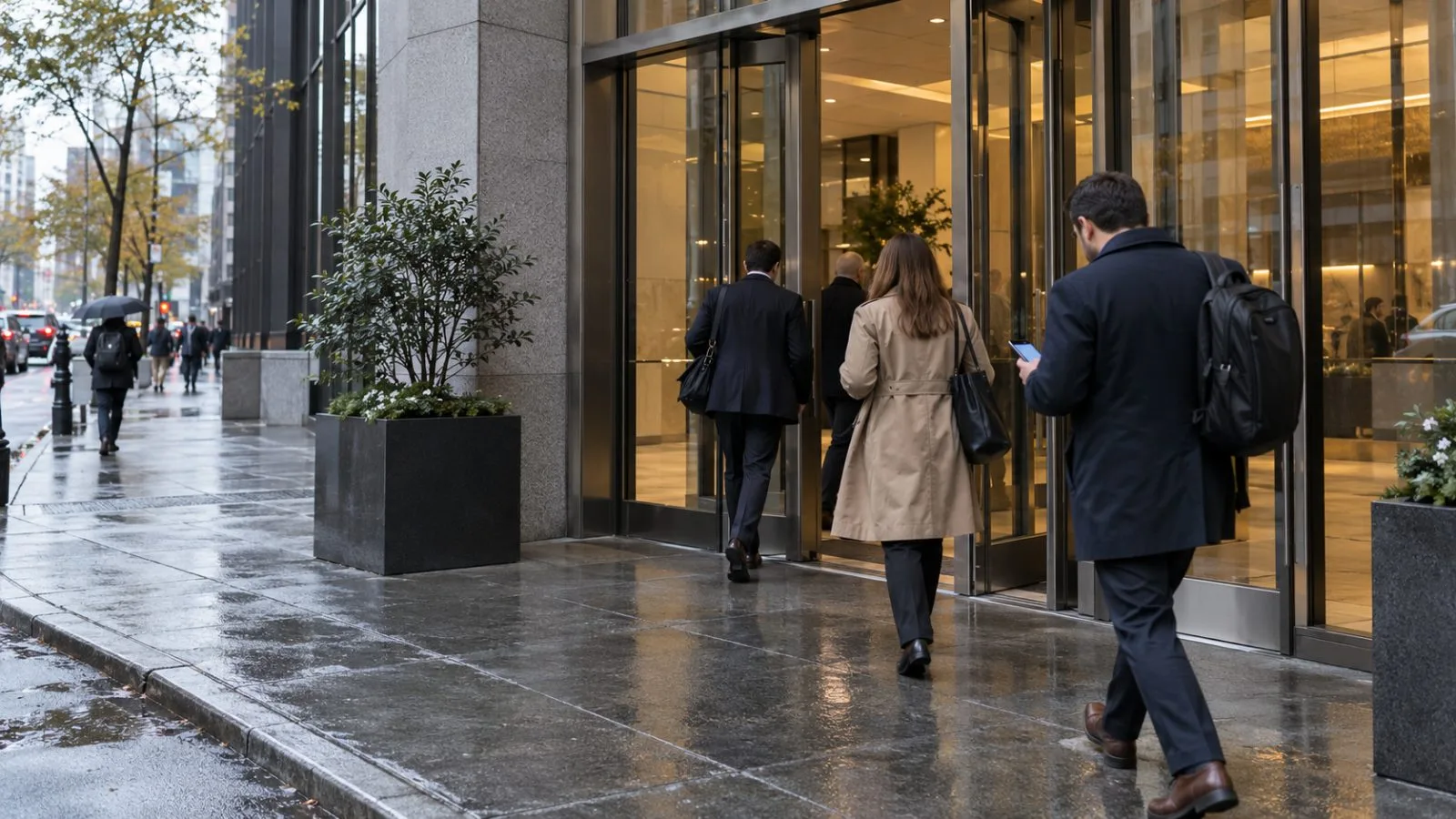 People enter an office building in New York City on an overcast morning. (AI-generated image / EconoTimes)
