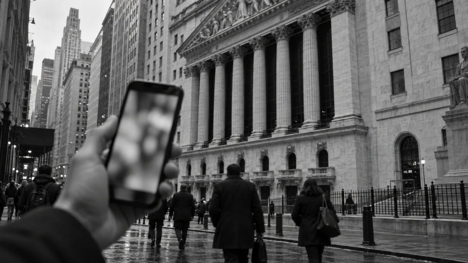 A hand checks a stock trading app outside the New York Stock Exchange in Manhattan (AI-generated image / EconoTimes)