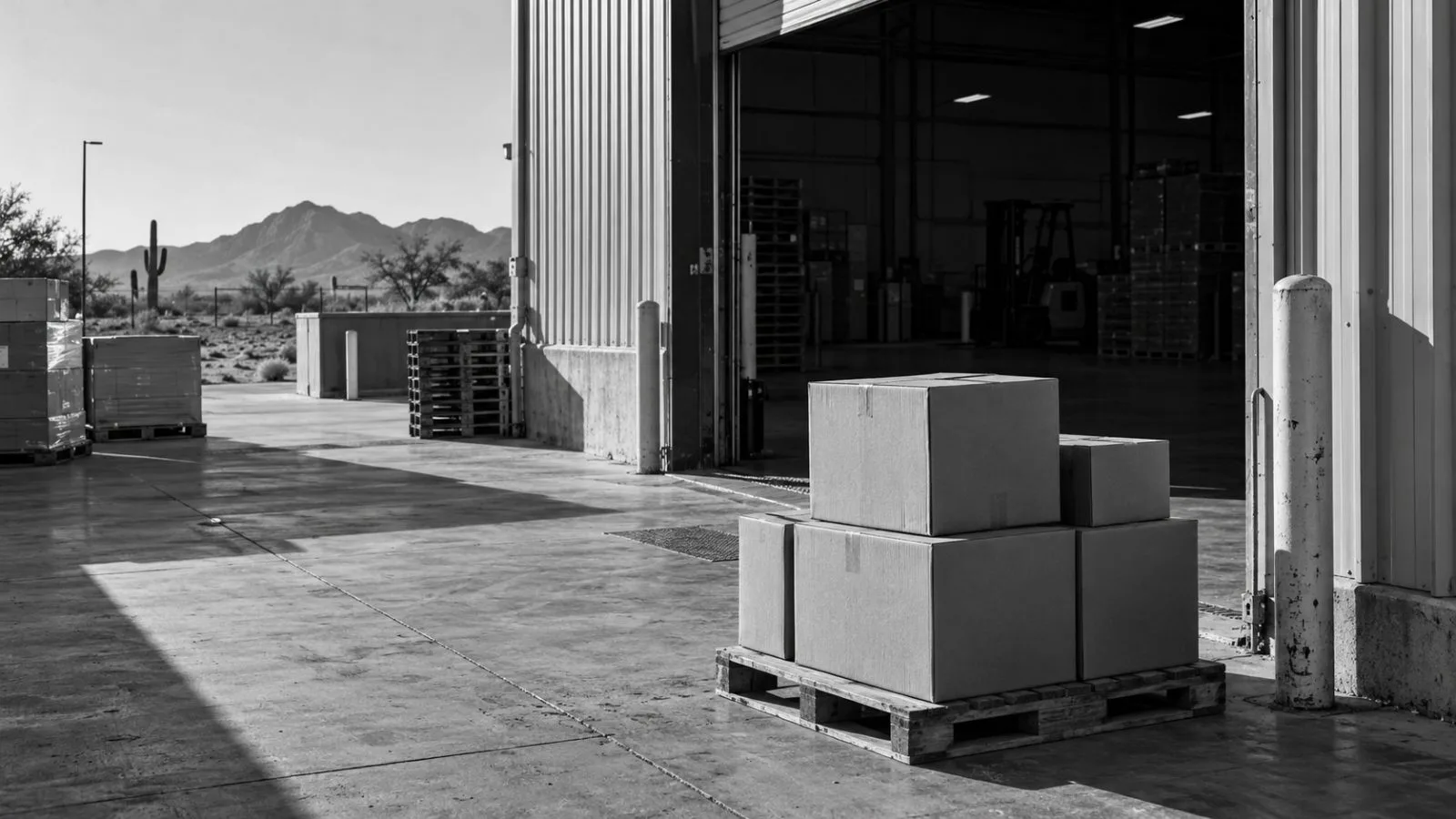 Unmarked cartons sit beside a loading bay in Surprise, Arizona. (AI-generated image / EconoTimes)