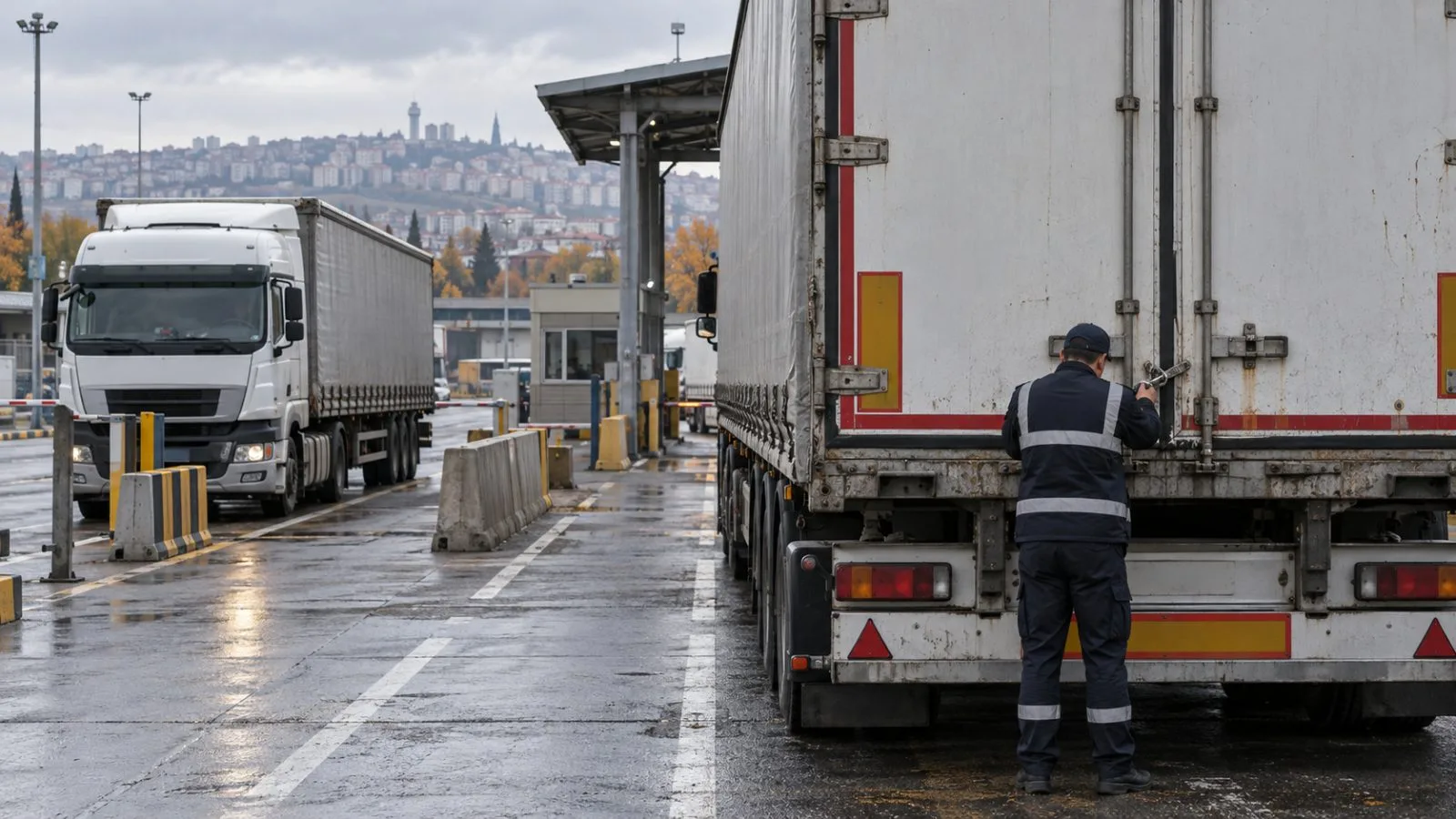 A freight truck waits in a customs inspection lane at an Ankara cargo facility, Türkiye (AI-generated image / EconoTimes)