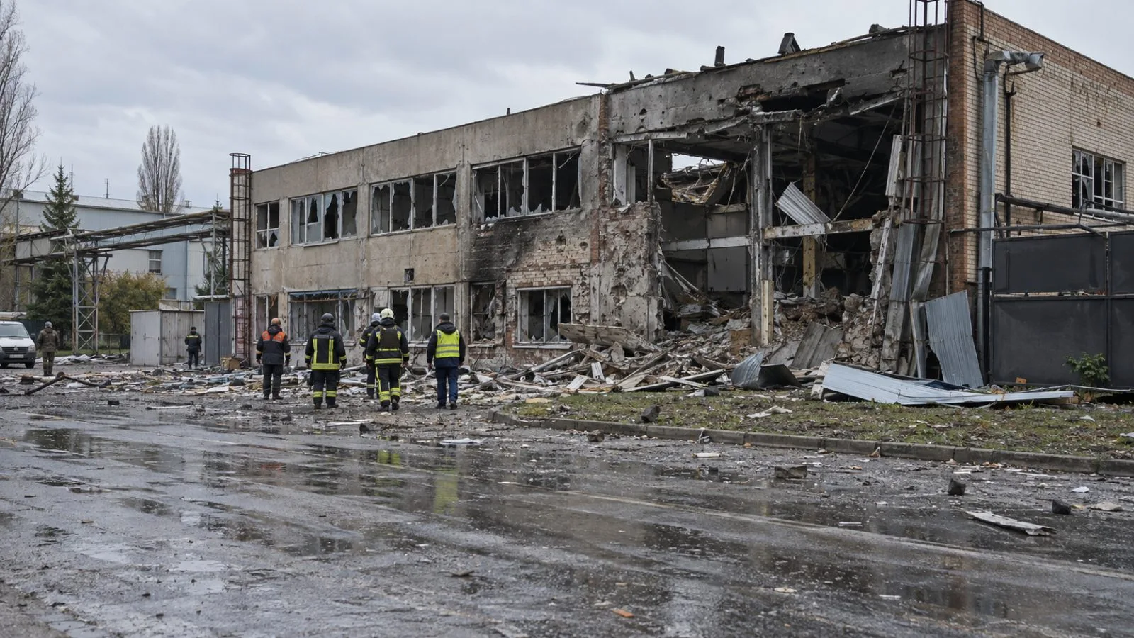 Emergency responders assess a workplace site in Shostka, Ukraine, after a drone attack. (AI-generated image / EconoTimes)
