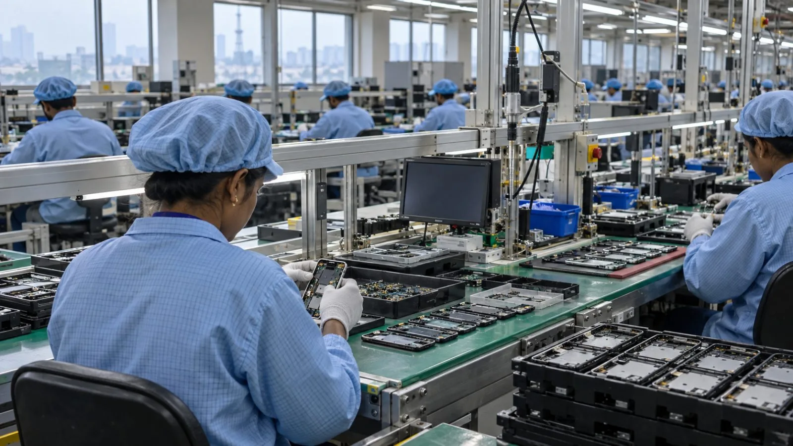 Workers fit circuit boards into phones on a factory floor in Noida, India. (AI-generated image / EconoTimes)