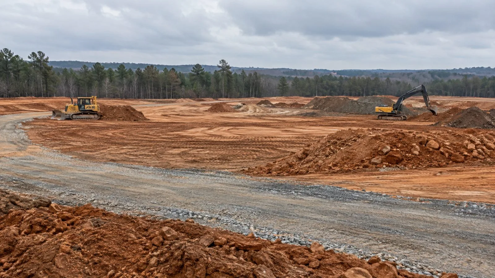Earthmoving equipment stands beside the graded facility site in Blacksburg, South Carolina. (AI-generated image / EconoTimes)