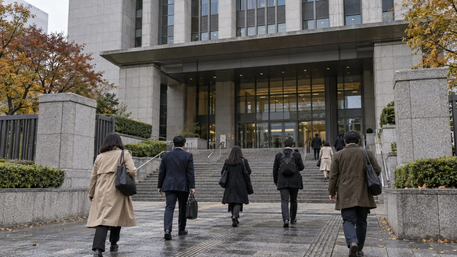 Pedestrians pass the Tokyo District Court entrance on an overcast afternoon. (AI-generated image / EconoTimes)
