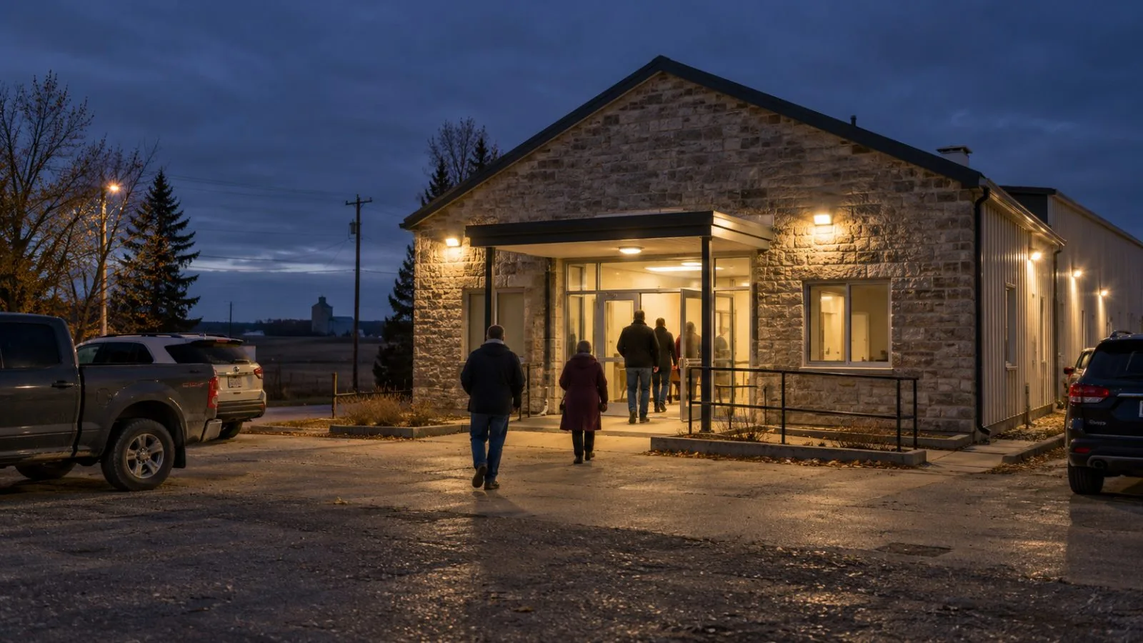 Voters enter Lavern Community Hall after dark in rural Alberta, Canada. (AI-generated image / EconoTimes)