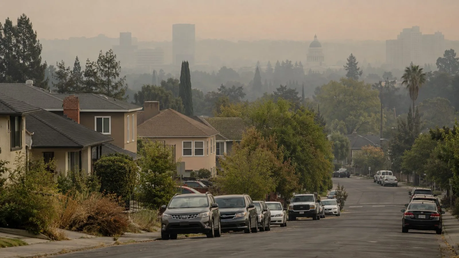 Wildfire haze softens residential rooftops in Sacramento, California, under filtered morning light. (AI-generated image / EconoTimes)
