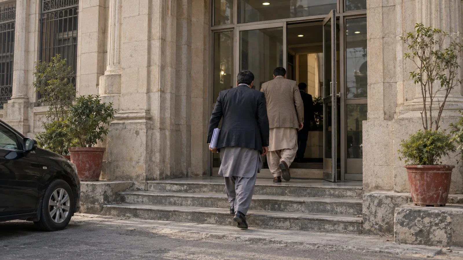 People enter a cybercrime agency office in Lahore, Pakistan, in hazy afternoon light. (AI-generated image / EconoTimes)