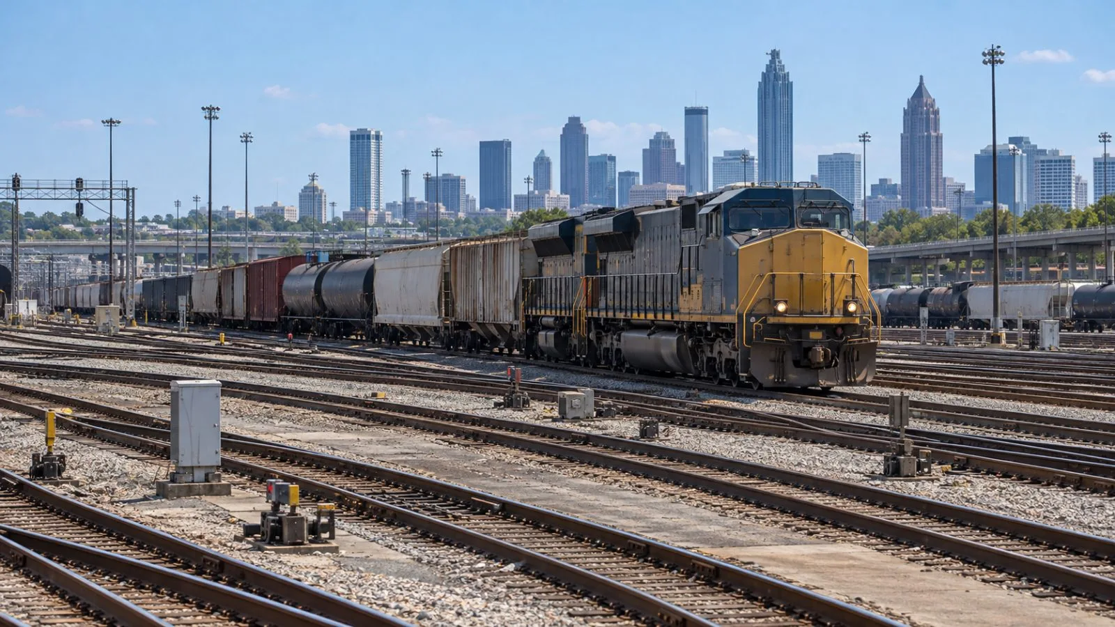 Freight cars stand on parallel tracks at Inman Yard in Atlanta, Georgia (AI-generated image / EconoTimes)