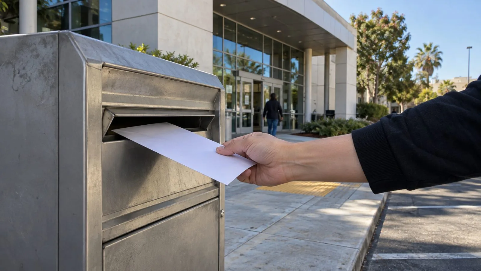 A hand deposits a ballot outside the Los Angeles County registrar's office. (AI-generated image / EconoTimes)