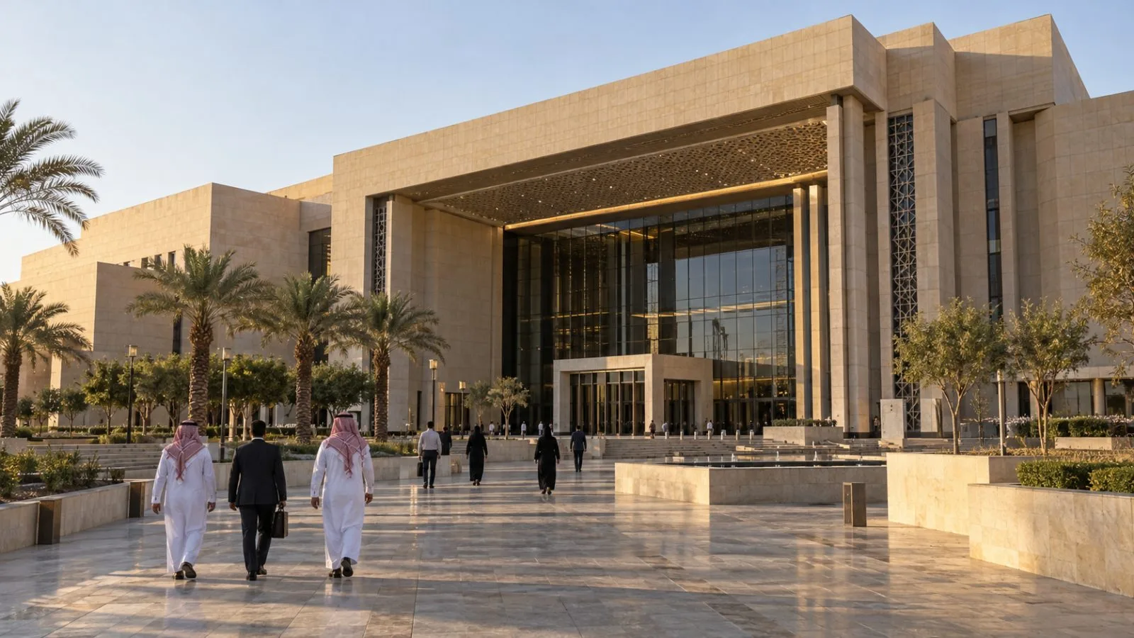 Pedestrians cross the forecourt of the King Abdulaziz International Conference Center in Riyadh. (AI-generated image / EconoTimes)