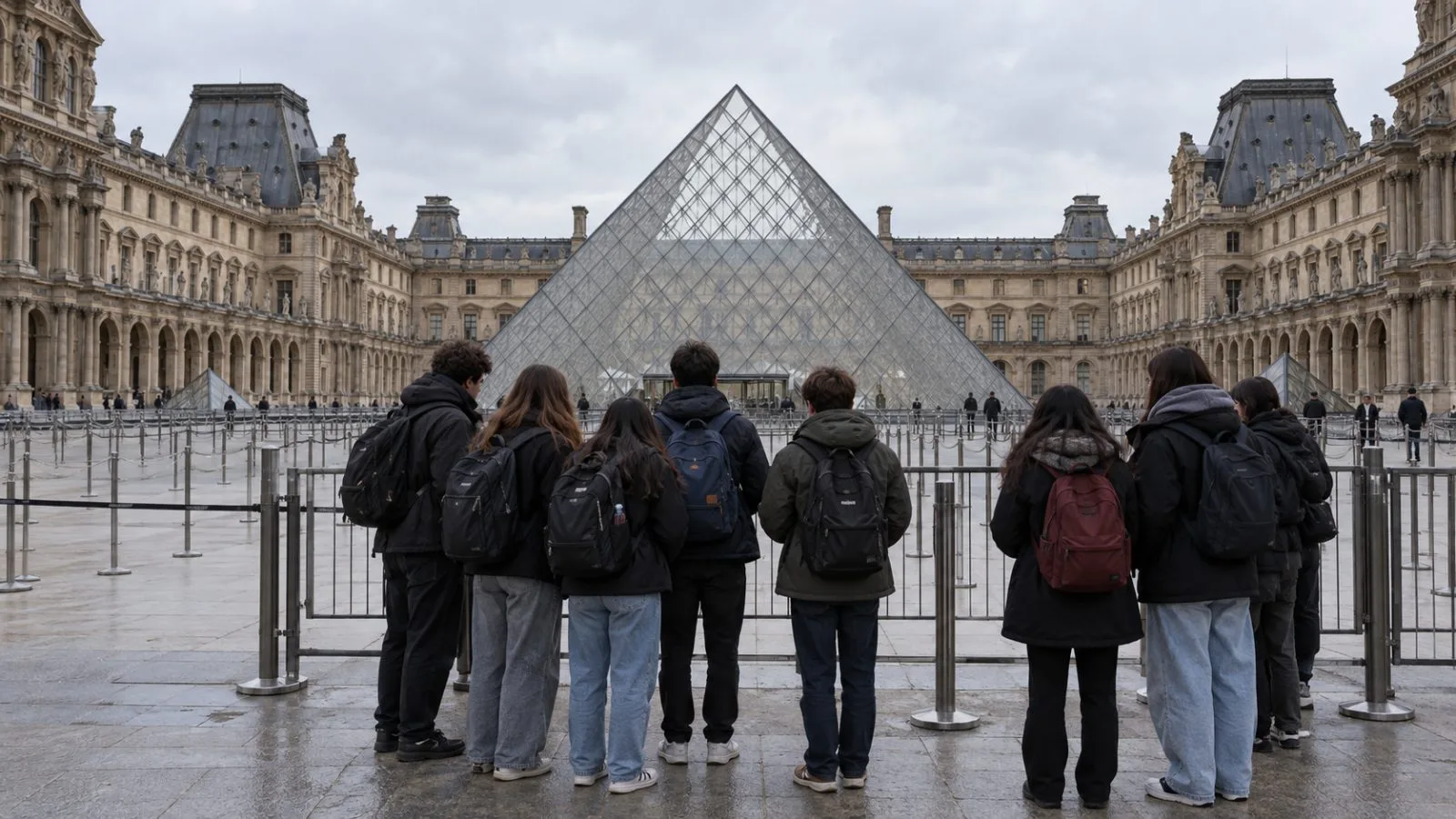 Students block a Louvre Museum entrance in Paris under overcast skies. (AI-generated image / EconoTimes)
