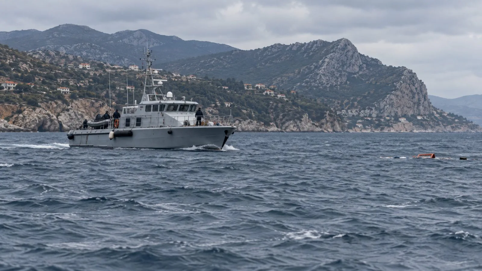 A Greek coast guard vessel searches offshore near Samos, Greece, in the Aegean Sea. (AI-generated image / EconoTimes)