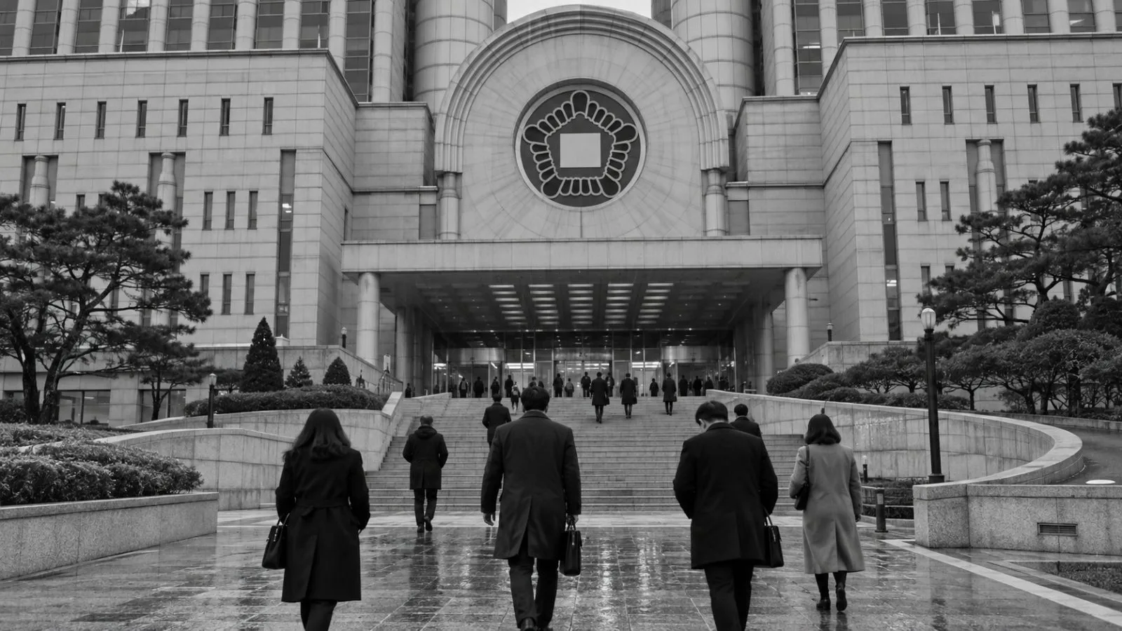 Visitors leave the Seoul High Court in Seoul, South Korea, under overcast skies. (AI-generated image / EconoTimes)