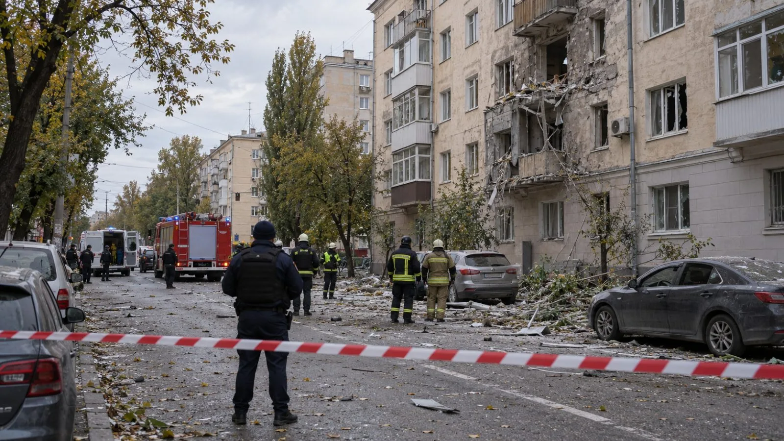 Emergency crews inspect a cordoned street in Voronezh, Russia, after a reported drone attack. (AI-generated image / EconoTimes)