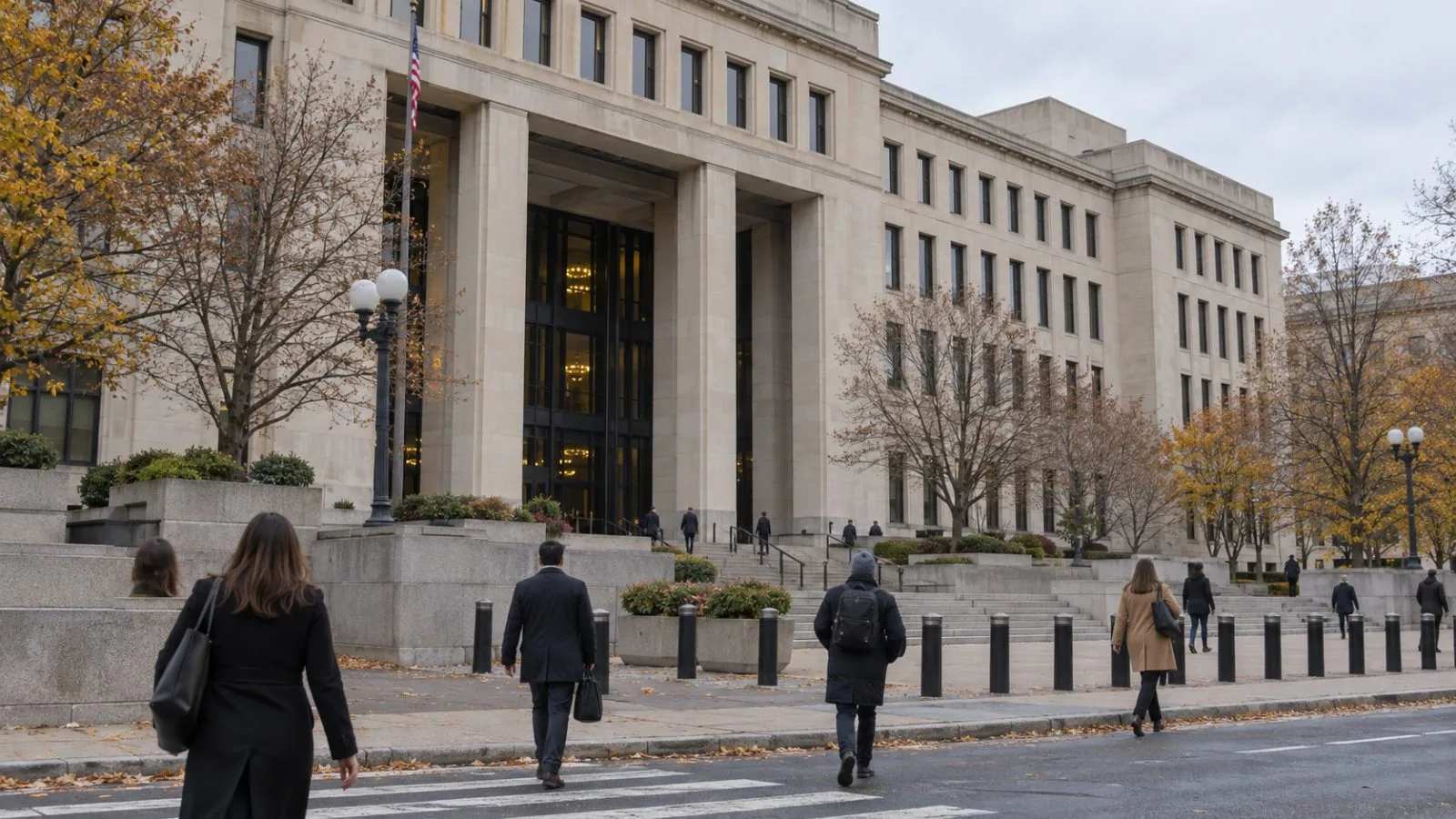 Pedestrians pass the Department of Labor headquarters in Washington beneath a cloudy autumn sky. (AI-generated image / EconoTimes)