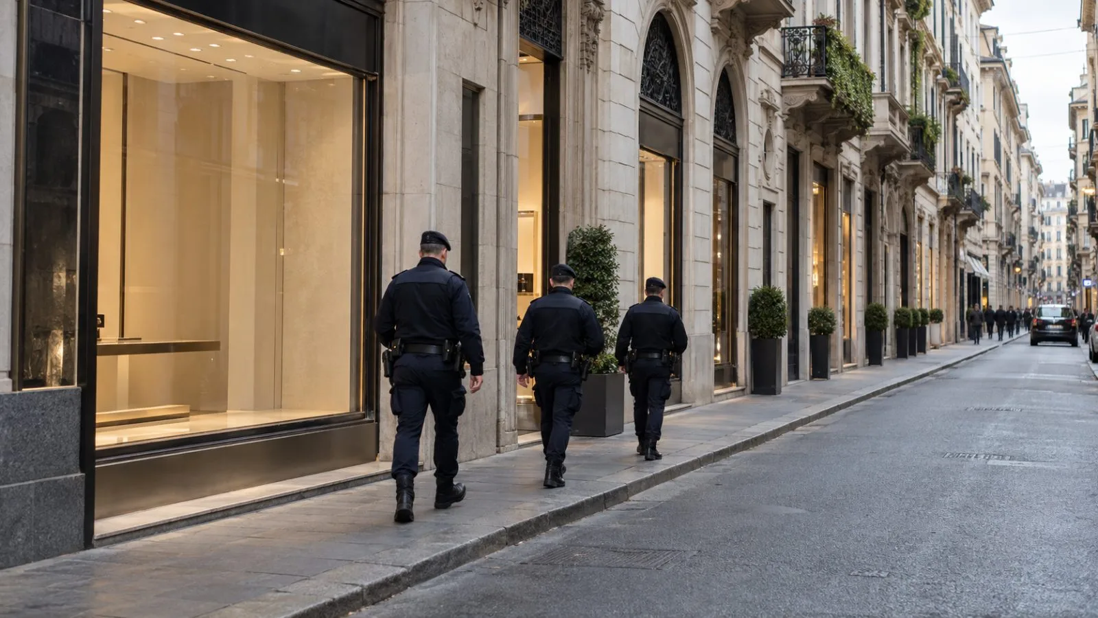 Police patrol past closed storefronts on Via Montenapoleone in Milan, Italy. (AI-generated image / EconoTimes)