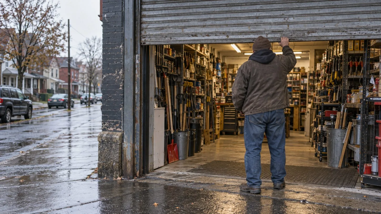 A shop owner stands inside a neighborhood hardware store in Cleveland, Ohio, before opening. (AI-generated image / EconoTimes)