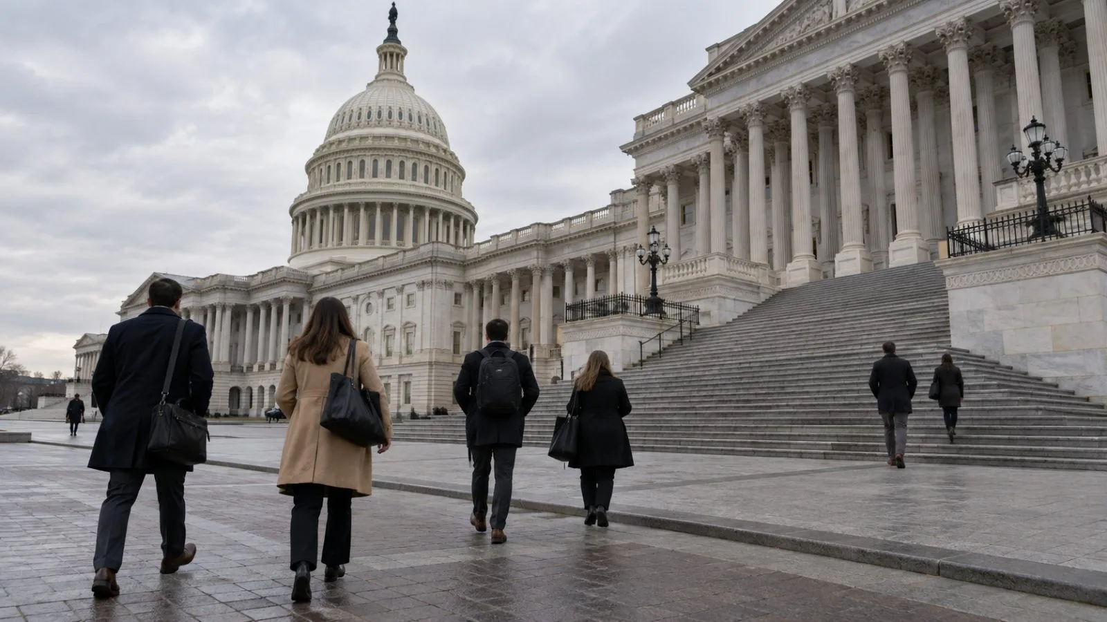 Legislative staffers cross the plaza outside the U.S. Capitol in Washington. (AI-generated image / EconoTimes)