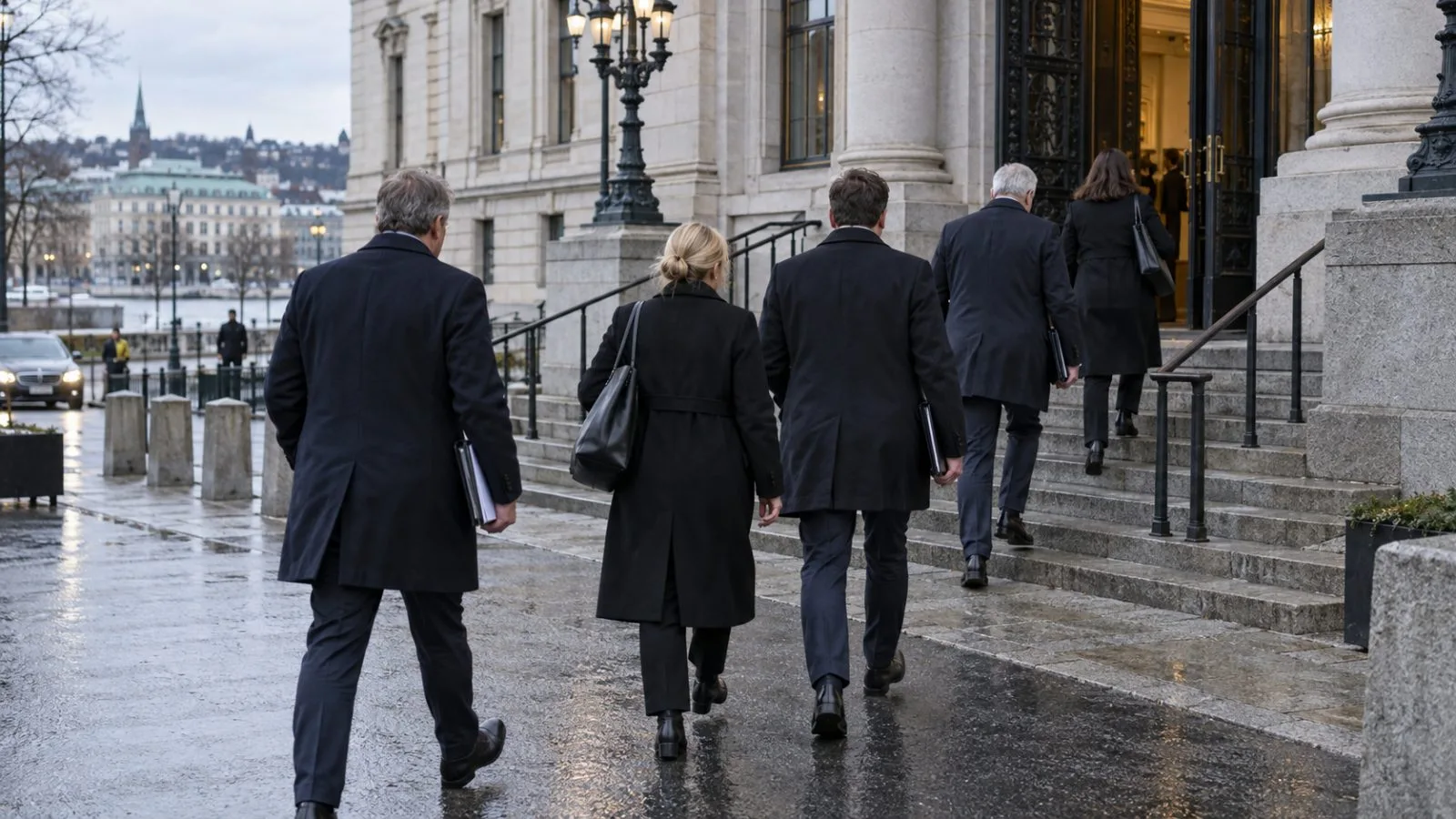Delegates arrive at a government building in central Oslo under overcast skies. (AI-generated image / EconoTimes)