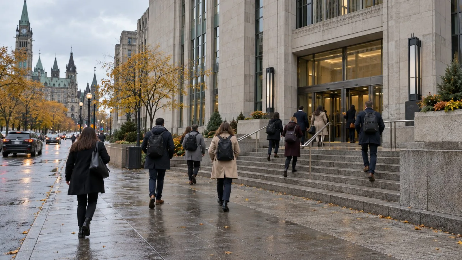 Federal public servants walk toward government offices in downtown Ottawa on an overcast autumn morning. (AI-generated image / EconoTimes)