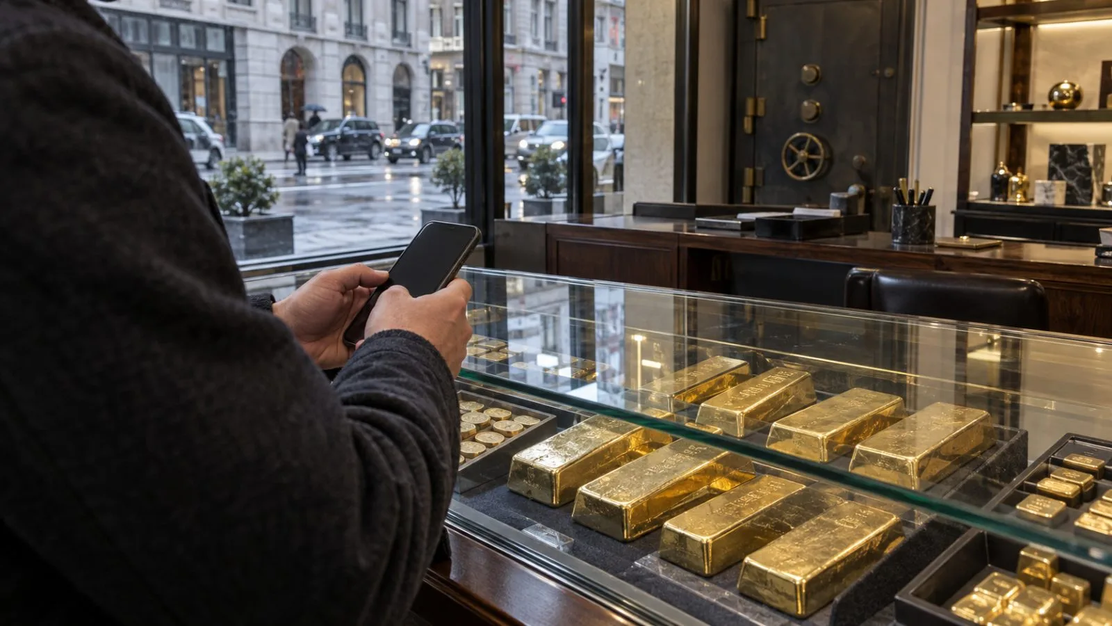 Gold bars sit behind glass at a bullion dealer in New York City. (AI-generated image / EconoTimes)