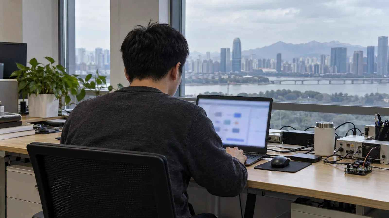 A developer tests a business decision model on a laptop in Hangzhou, China. (AI-generated image / EconoTimes)