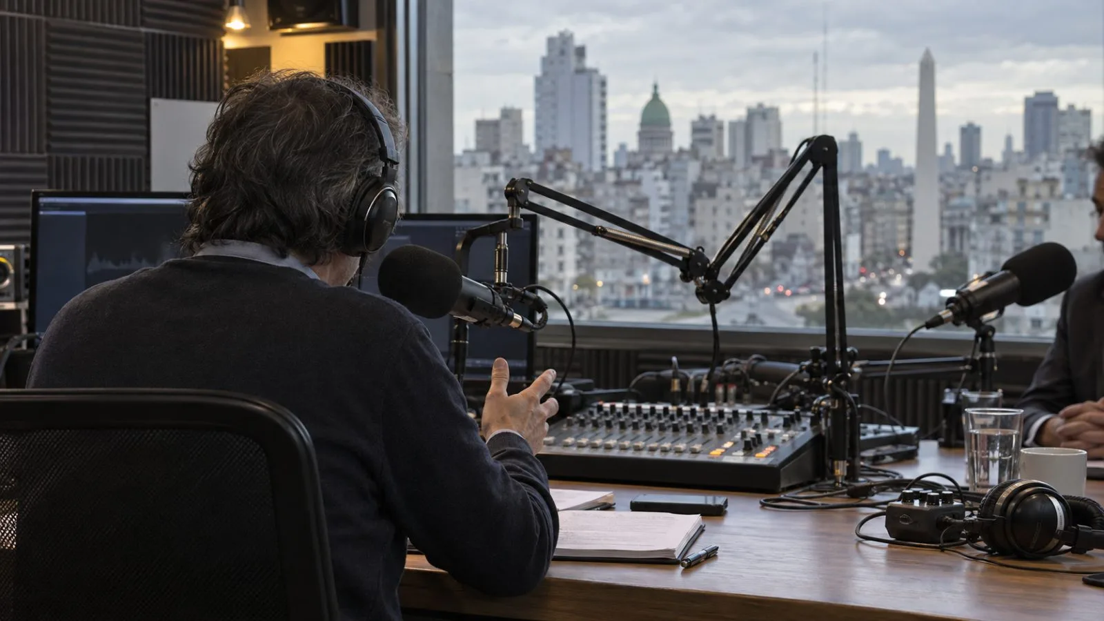 An interviewer speaks into a broadcast microphone in a Buenos Aires radio studio. (AI-generated image / EconoTimes)