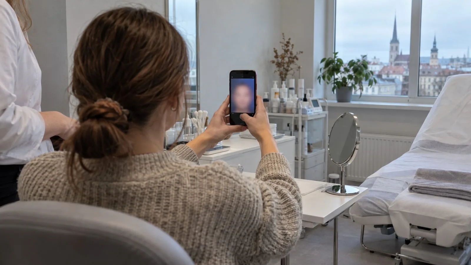 A person takes a skincare selfie for an automated assessment in a Tallinn consultation room. (AI-generated image / EconoTimes)