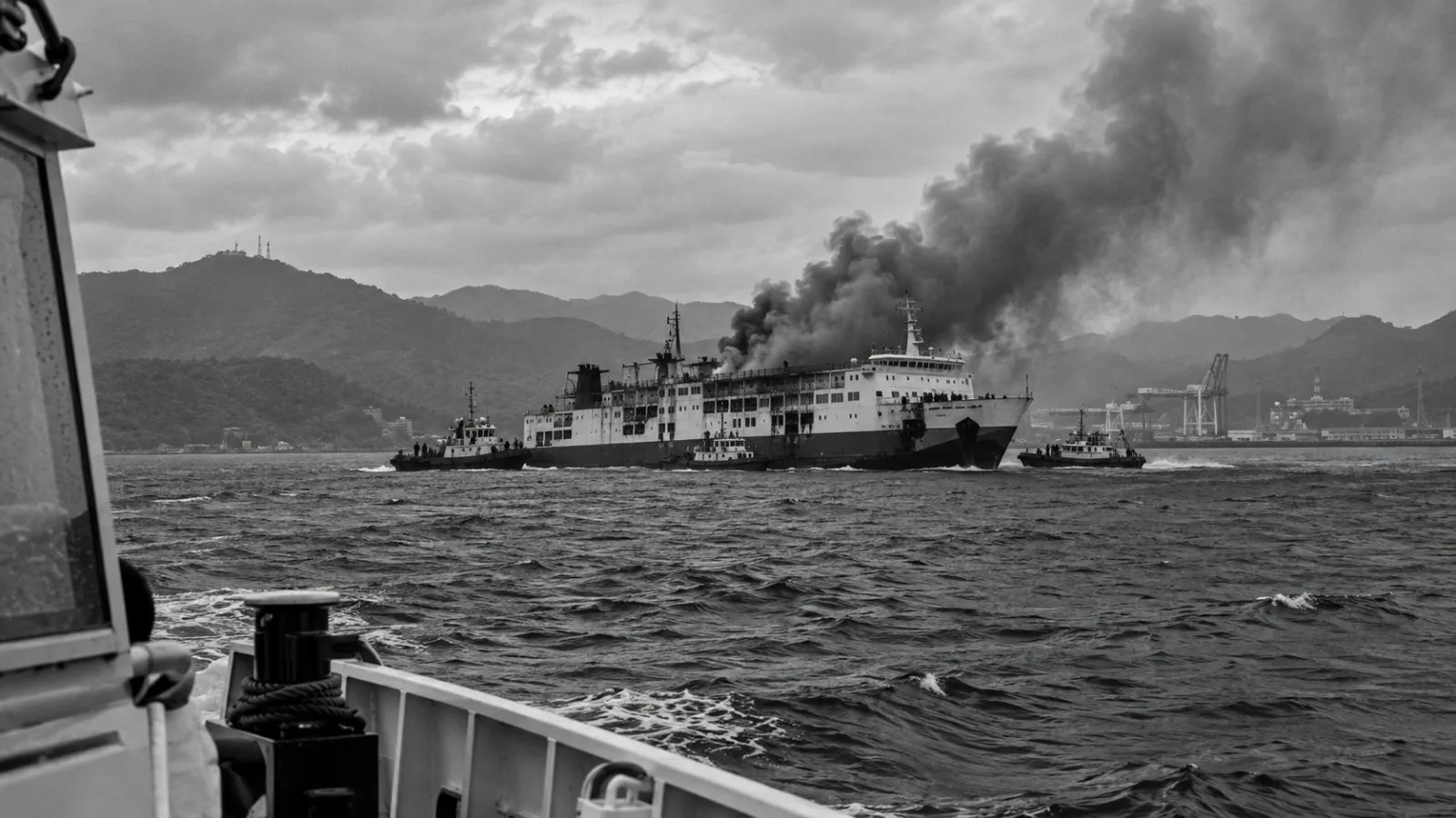 Smoke rises from a passenger ferry offshore near Merak port in Banten, Indonesia (AI-generated image / EconoTimes)