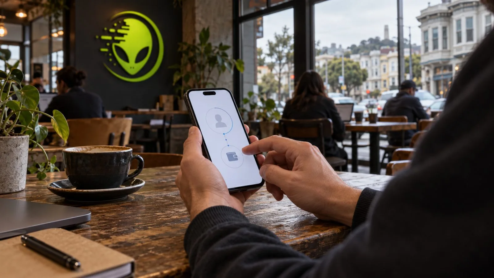 An anonymous user checks a cryptocurrency wallet on a smartphone at a San Francisco café. / EconoTimes.ai