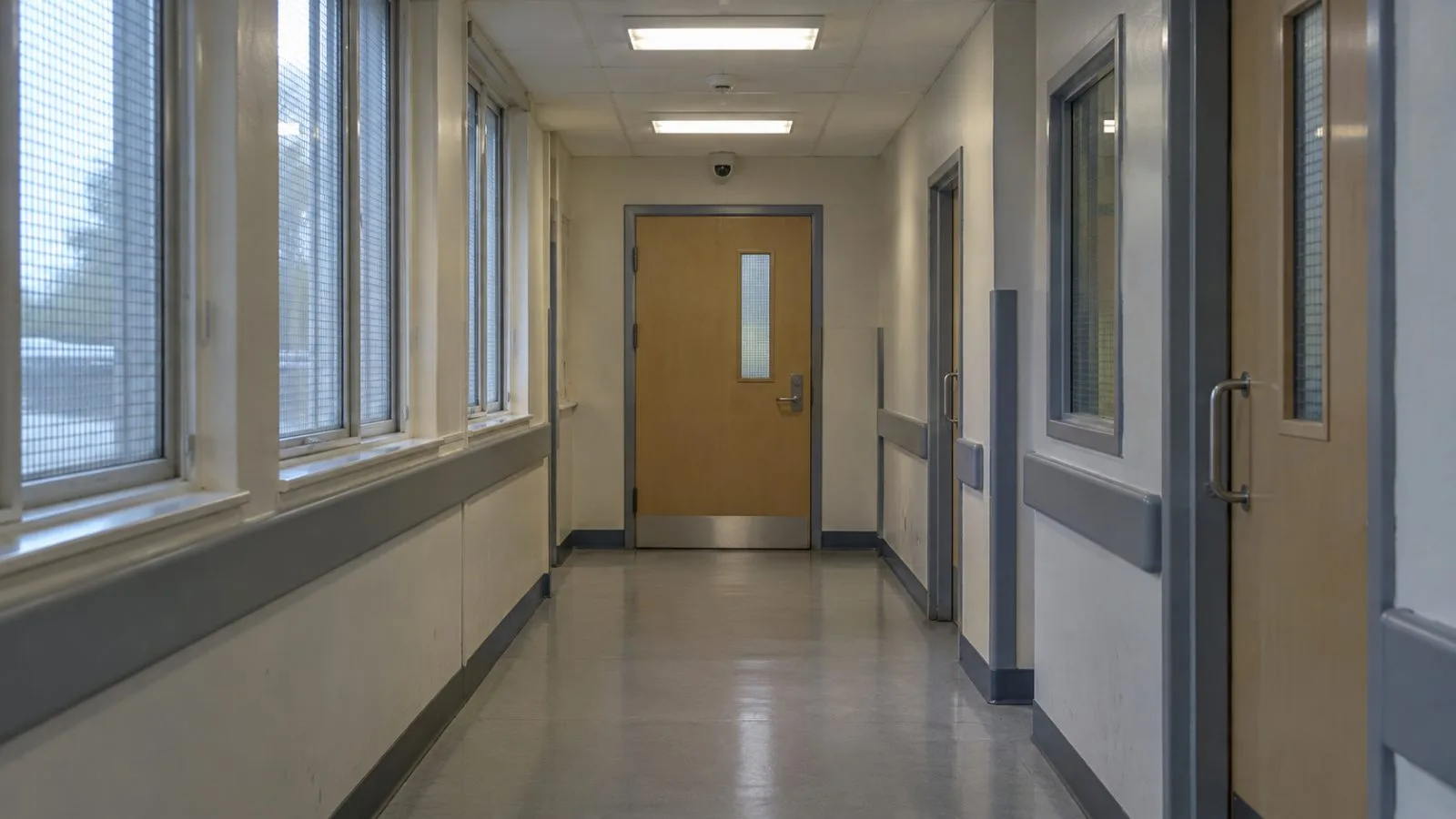 A camera overlooks a closed bedroom door in an empty Essex psychiatric ward. (AI-generated image / EconoTimes)