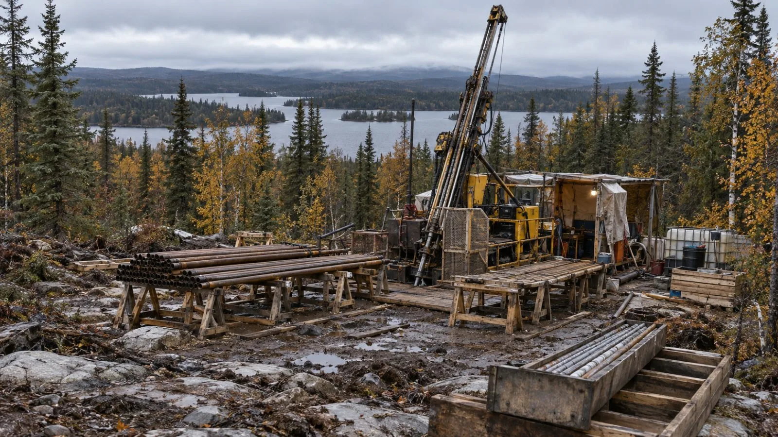 A diamond drill rig operates in a forest clearing at the High Lake project in Ontario. (AI-generated image / EconoTimes)