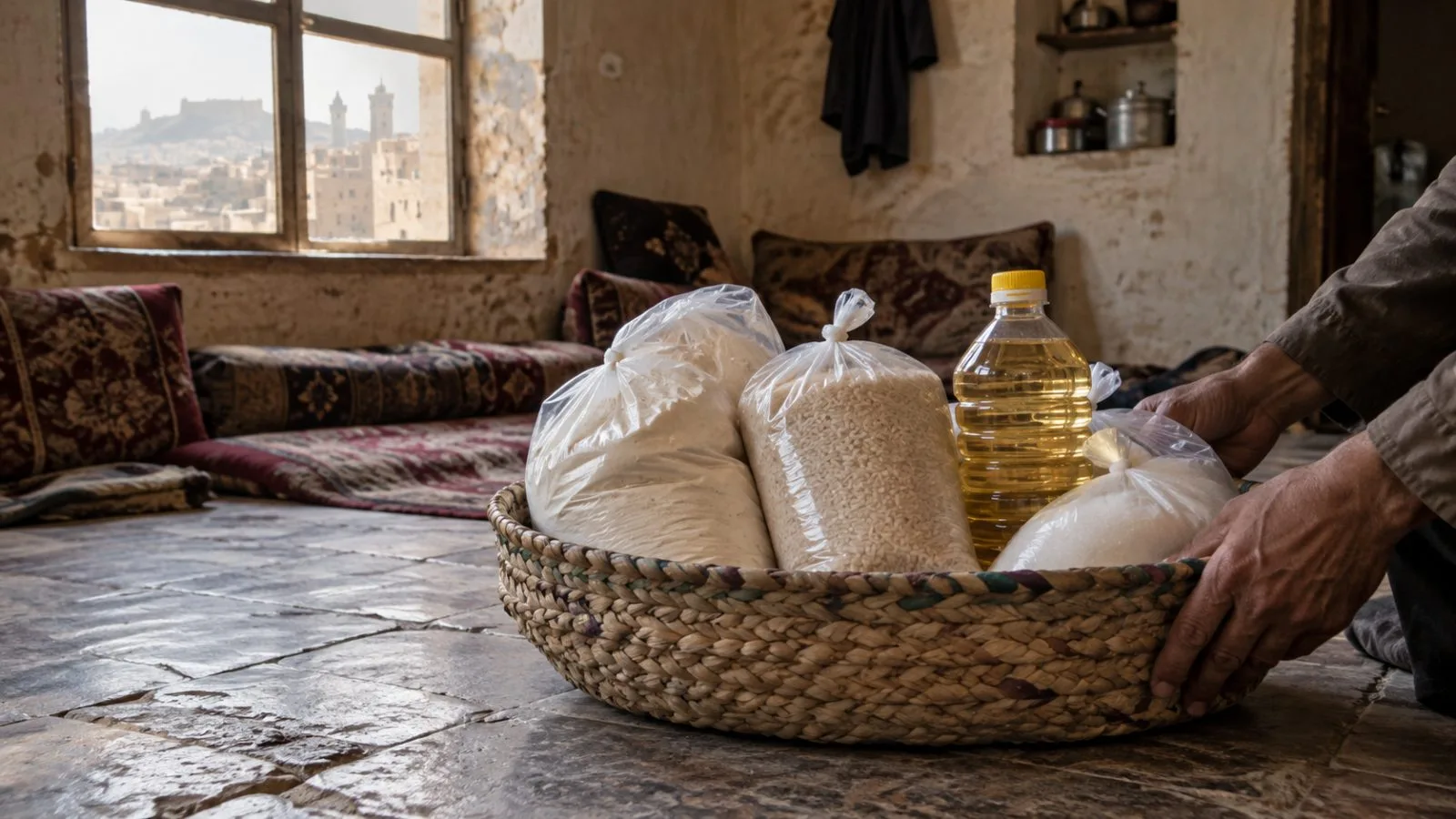 A food basket sits inside a modest family home in Sanaa, Yemen. (AI-generated image / EconoTimes)