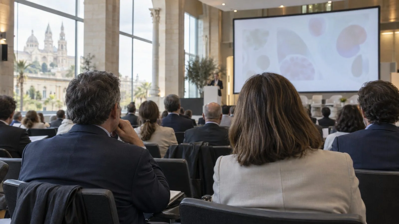 Attendees watch a medical presentation inside a conference auditorium in Barcelona, Spain. / EconoTimes.ai