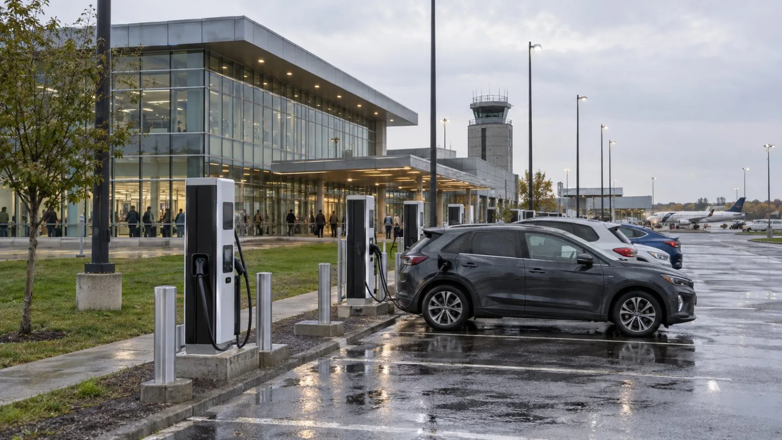 Electric vehicle chargers stand beside parked cars at YHU terminal in Longueuil, Quebec. (AI-generated image / EconoTimes)