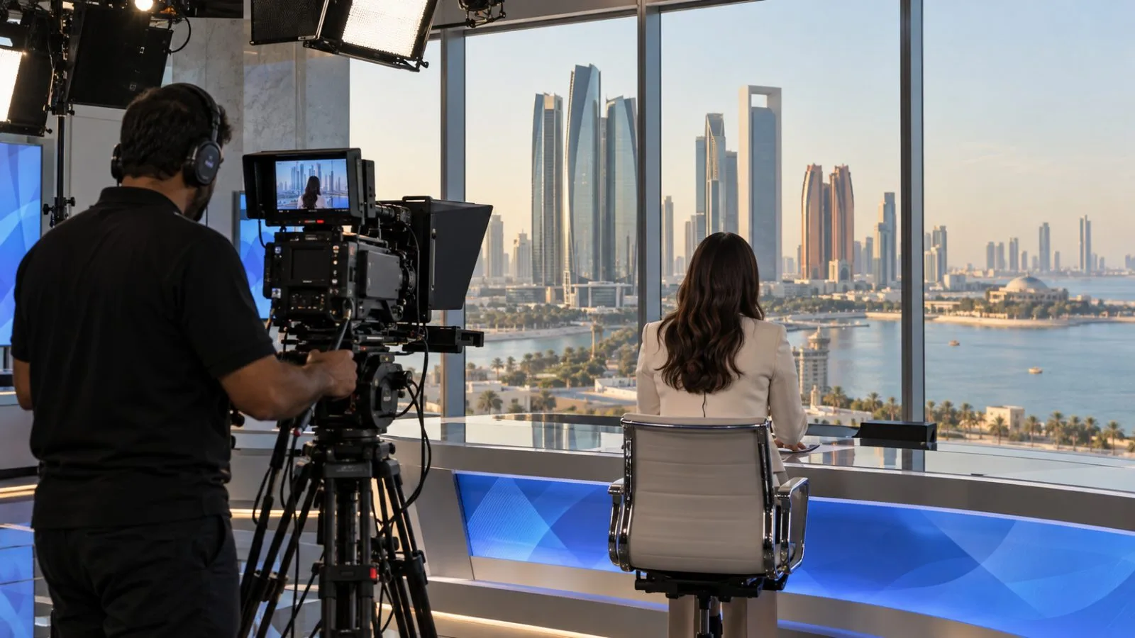 A camera operator films a presenter from behind in a broadcast studio in Abu Dhabi. (AI-generated image / EconoTimes)