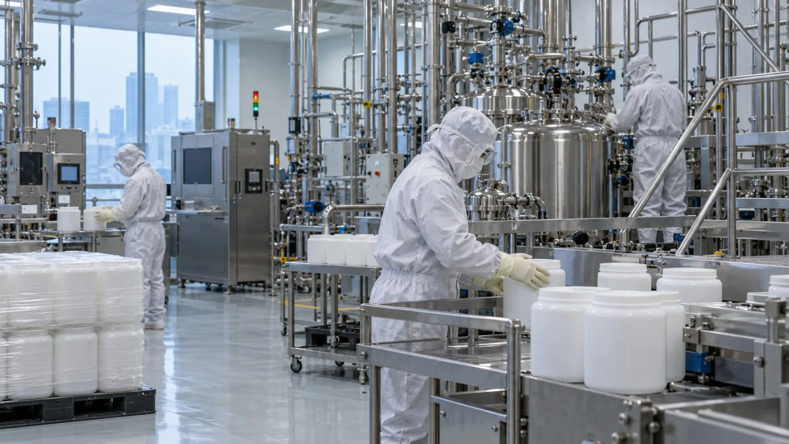 Workers in protective clothing monitor adhesive production inside a cleanroom in Songdo, Incheon. (AI-generated image / EconoTimes)