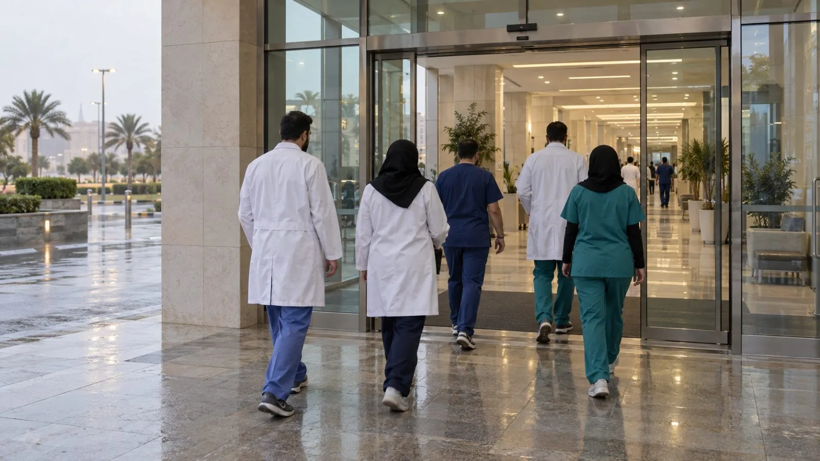 Healthcare workers walk through a hospital entrance in Riyadh, Saudi Arabia. (AI-generated image / EconoTimes)